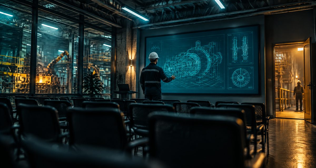 Engineer reviewing a mechanical blueprint on a large display inside an industrial training room